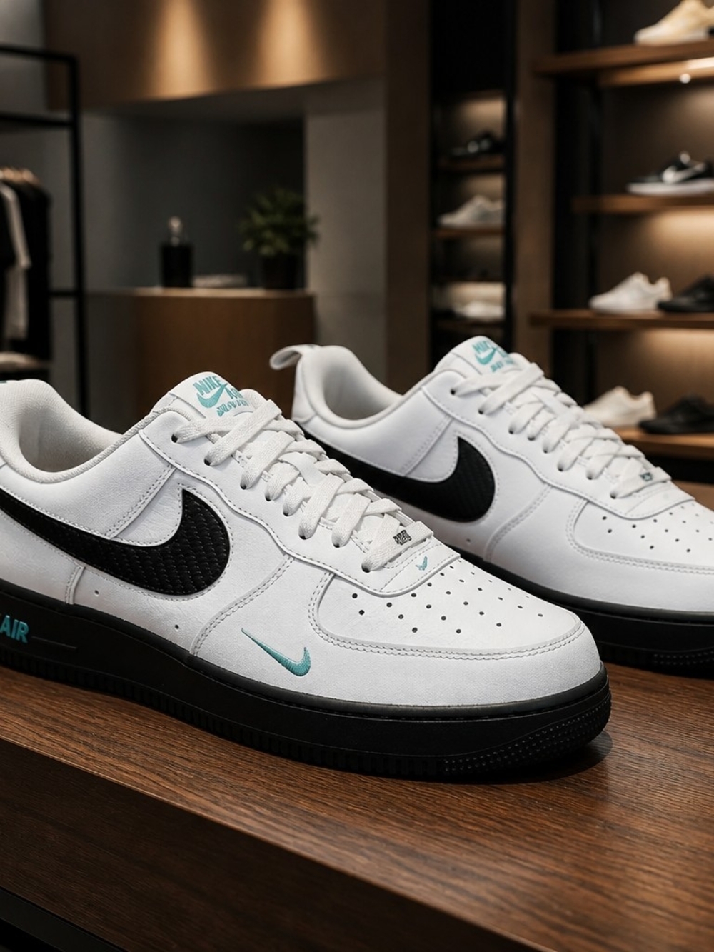 Nike Air Force 1 White Black Teal Leather Sneakers DR0155-100 Size 11.5